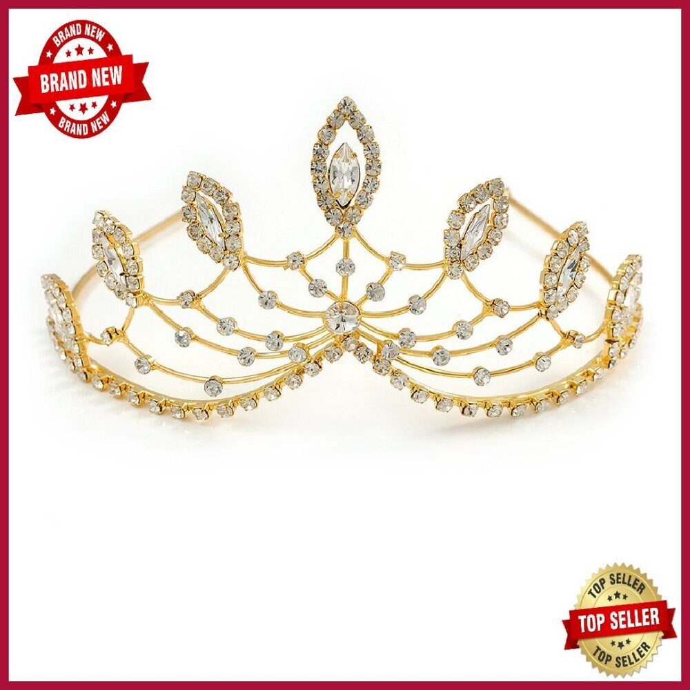 Gold Plated Crystal Leaf Tiara Headband Bridal Prom Wedding Accessory